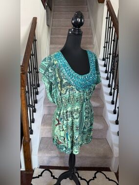 Embellished Mint Green Printed Tunic Top